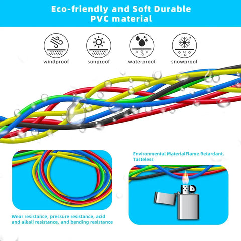 Eco-friendly PVC 30 AWG Single Core PCB Solder Wire Roll 8 Color; windproof, sunproof, waterproof, snowproof properties shown.