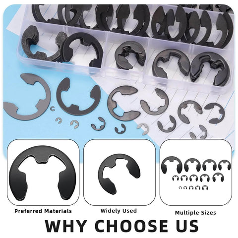 211 Piece E Clip Retaining Ring Set With 14 Sizes 65Mn Steel Heat Treated External Circlips With Tweezers for gears, visible assortment