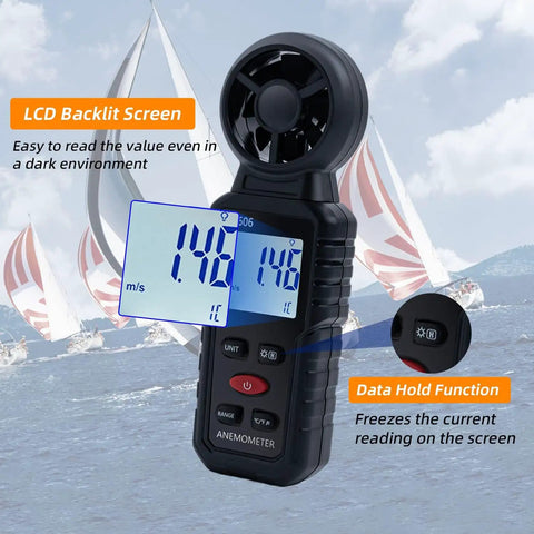 3 In 1 Handheld Wind Meter With Backlight, Ultra Accurate Wind Speed And Temperature Readouts With Beaufort Scale, Perfect For HVAC Pros, Sailing, Fishing, Outdoor Adventures, And Indoor Or Outdoor Use; black LCD anemometer in sailboat scene