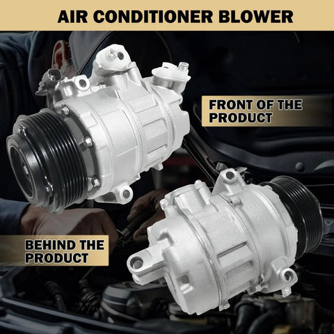 Heavy Duty Air Conditioning AC Compressor No Hassle Bolt On Replacement For Ford Explorer 2011 Through 2015 And Police Interceptor Utility Plug And Play OEM Co 9777C shown from front and back.