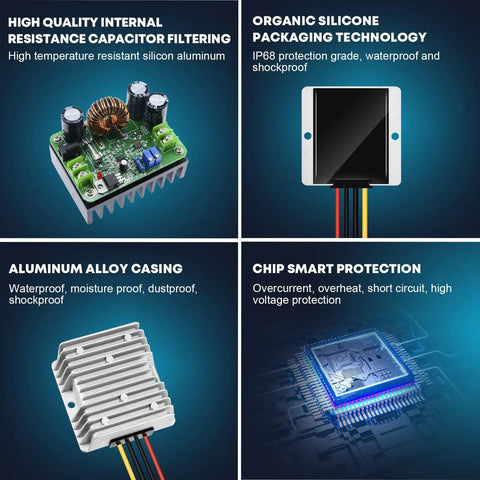 12V To 24V DC Boost Converter 10A 240W Waterproof Voltage Regulator Module with internal capacitor, silicone protection, and aluminum casing