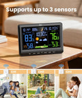 All In One Indoor Outdoor Weather Station With Atomic Clock shown on a table with large display and three sensors for home use.