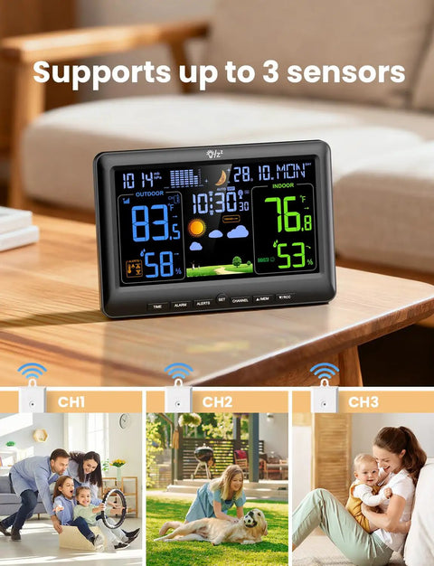 All In One Indoor Outdoor Weather Station With Atomic Clock shown on a table with large display and three sensors for home use.