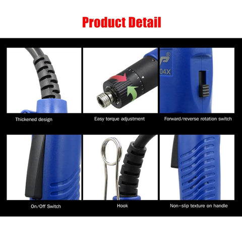 Smooth Operating Corded Electric Screwdriver Featuring Adjustable Torque And Ergonomic Non Slip Grip For No Sweat Drywall Repairs And Quick Furniture Assembly Jobs with torque adjustment and on/off switch.