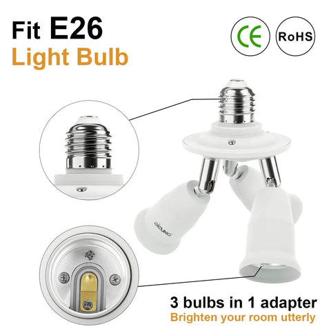 3 In 1 E26 Light Socket Adapter With 360 Degree Rotation And 180 Degree Bend Easy Install Converts One Socket Into Three For Standard Bulbs 180W Max Triple Lamp Holder Flexible 3 Way Bulb Socket Converter