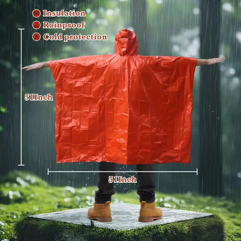 Person wearing orange 4 Pack Emergency Ponchos With Reversible Orange And Reflective Silver Hooded Heat Retention Mylar in rain.