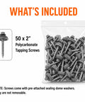 Heavy Duty Polycarbonate Self Drilling Wood Screws Two Inch Outdoor Fasteners With Sealing Dome Washers For Fence And Deck Building Rock Solid Hold No Sweat Install Weatherproof And Rust Resistant Fifty Count in a pack.