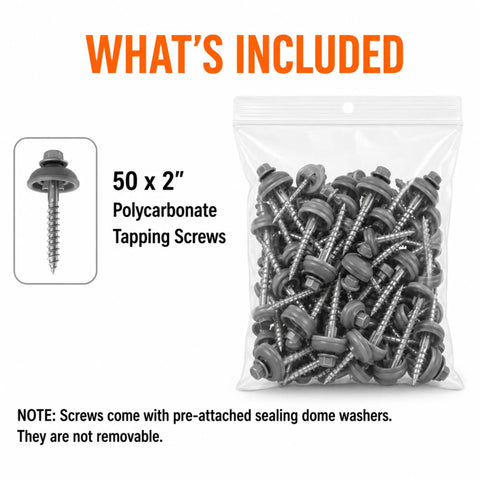 Heavy Duty Polycarbonate Self Drilling Wood Screws Two Inch Outdoor Fasteners With Sealing Dome Washers For Fence And Deck Building Rock Solid Hold No Sweat Install Weatherproof And Rust Resistant Fifty Count in a pack.