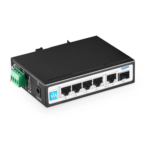 Rugged Six Port Mini Gigabit Industrial PoE Switch For DIN Rail with four PoE ports, 1G uplink, black box design, side view.
