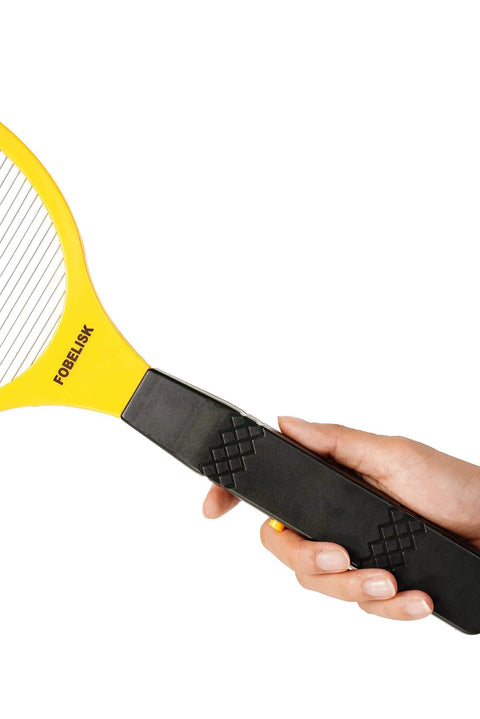 Hand holding yellow Electric Fly Swatter Racket For Camping And Travel Mosquito Zapper Killer For Indoor And Outdoor Pest Control