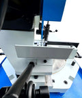 Knockout Shop Beast 4 HP 16 Inch Cold Cut Saw rig showing adjustable spinner vise for metal cutting setup.