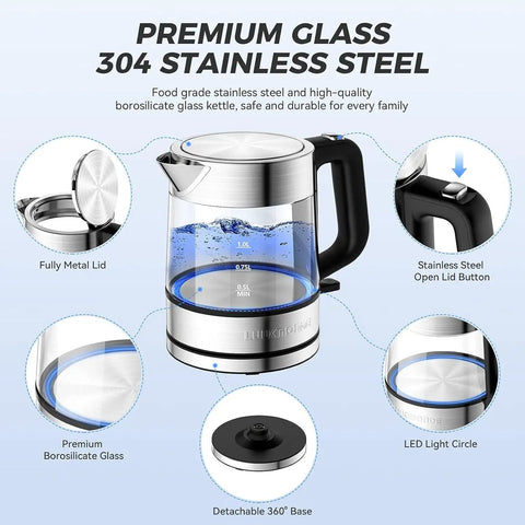 Electric Glass Kettle 1L, Fast 1500W Boil, Cordless Tea Kettle with LED Indicator, BPA Free, Auto Shut Off and Boil Dry Protection
