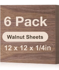 Front view of six stacked walnut plywood sheets, 12 x 12 x 1/4 in unfinished wood for laser cutting