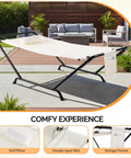 Freestanding Outdoor Hammock With Stand For Your Yard Deck Or Patio Built Tough With 600 Pound Capacity Rust Proof Stainless Steel Connectors Includes Soft Pillow And Handy Storage Bag White shown in a patio setting