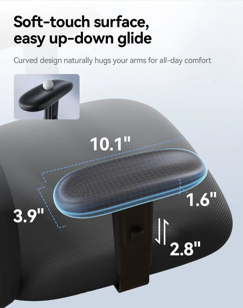 Close-up of the armrest on the All Day Comfort Ergonomic High Back Mesh Desk Chair With Adjustable Headrest, Lumbar Support, 330 Lb Capacity, 2D Armrests, Wide Cushioned Seat, Tilt Lock, Built For Home Office, showing measurements and soft-touch surface.