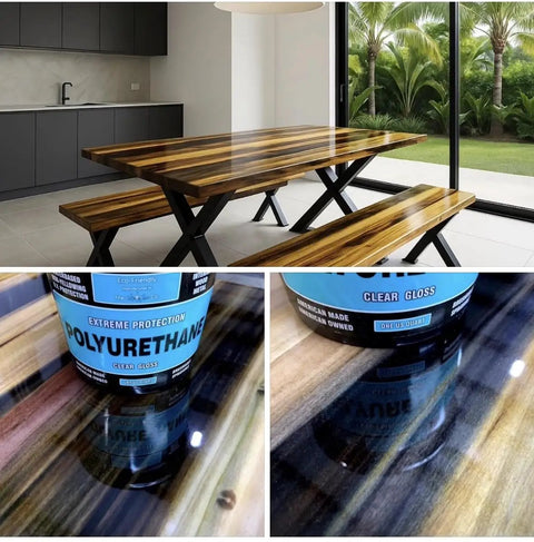 Extreme Protection Water Based Polyurethane Clear Gloss Finish on wood table and close-ups of the gallon can with glossy surface.