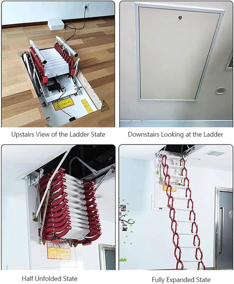 Top Shelf Electric Attic Ladder With Plug And Play Remote Control Heavy Duty Telescopic Pull Down Ceiling Stairs for Dead Simple Loft Access, fully expanded and tucked into ceiling.