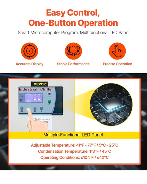 Industrial chiller display panel showing temperature settings and LED controls for Air Cooled Water Chiller 5 Ton Portable Industrial Cooling.