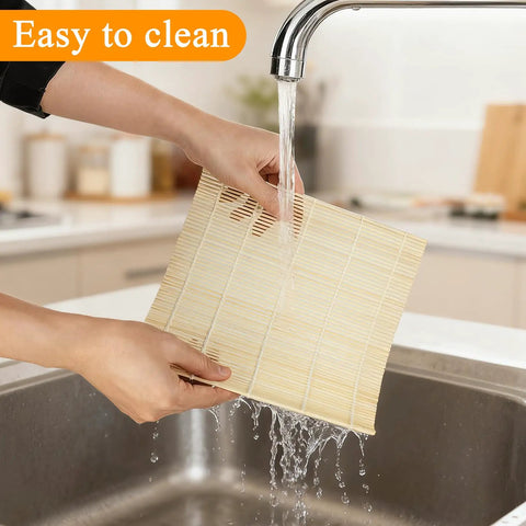 Cleaning a Bamboo Sushi Rolling Mat Set Of 4 Pcs For Homemade Maki Kimbap And Rolls Natural Wood Mats under running water