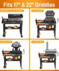 All In One Outdoor Grill Cart For 17 To 22 Inch Griddles And Pizza Ovens, Foldable Portable Stand with various grills.