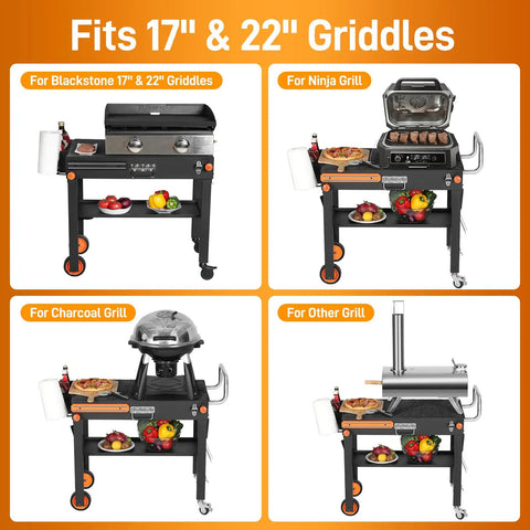 All In One Outdoor Grill Cart For 17 To 22 Inch Griddles And Pizza Ovens, Foldable Portable Stand with various grills.