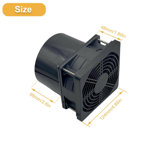 Side view of Compact 120mm DC Soldering Fume Extractor Fan With Filter Pad And Duct Kit Adjustable Speed Plug And Play. Size shown.