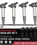 Premium Ignition Coil Pack Set Of Four Straight Plug And Play No Drama Tune Up Cures Rough Idle Fits Lexus Scion Pontiac Corolla Vibe Ct200h Replaces 90919 displayed on a box with four ignition coils.