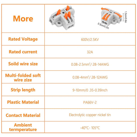 Spec sheet and images of Fourteen Piece T Tap Lever Wire Connector Kit Three Way Electrical Wire Splitter dimensions and specs.