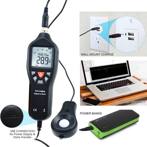 Digital Light Meter With Data Logging For Illuminance In Lux And Foot Candles, 0 To 200000 Lux Auto Ranging, Detachable Sensors, Dope For Home Office Lab Classroom And Outdoor Light Checks. USB-connected handheld black light meter with probe