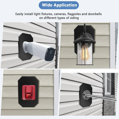 Two Piece Siding Mounting Block Kit For Outdoor Lights 1/2 Inch Lap Double Black Finish With Built In Junction Box And NM Cable Connector No Fuss Install Paintable Surface, mounted on siding for light, camera, and flagpole