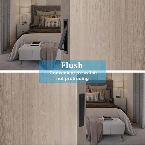 Pocket Door Handle Kit With Flush Recessed Pull In Brushed Nickel, Auto Retract Design, Easy Press Release, One-Hand Operation, Durable Solid Construction, No-Fuss Finger Edge Access, 2 Pack on sliding bedroom door