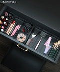 Bathroom Modular Drawer Organizer Set with Stackable 3 Piece Storage Trays holding personal care and makeup items