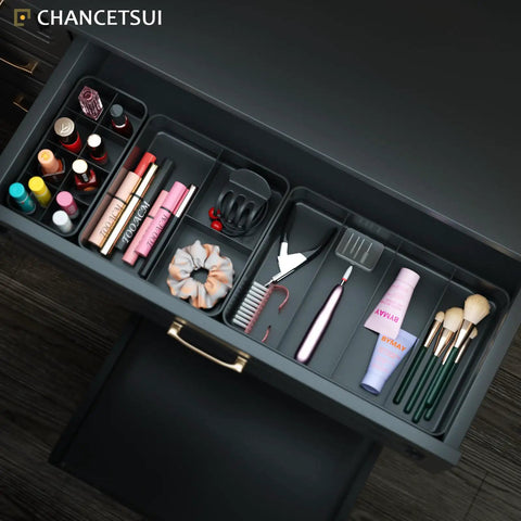 Bathroom Modular Drawer Organizer Set with Stackable 3 Piece Storage Trays holding personal care and makeup items