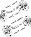 Two-pack stainless steel privacy hook and eye latch with screws for barn doors, ideal for gates and cabinets.
