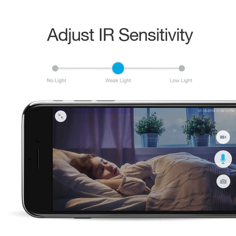 1080p Plug-In WiFi Indoor Security Camera With AI Motion Detection showing night vision on phone app control screen