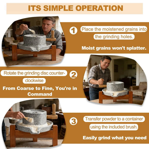 Hand Crank Stone Grain Mill With Red Oak Frame For Home Use, showing manual grinding process in three steps with brush and gears.
