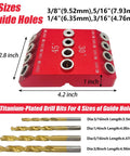 30 45 90 Degree Drill Guide Jig With Four Drill Bits For Angled Or Straight Holes Four Size Aluminum Drill Hole Guide Jig Drill Template Block For Cable Railing Deck Stair Handrail, showing red aluminum block with guide holes and drill bits