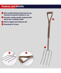Beefy Stainless Steel Digging Fork For Heavy Duty Garden Work with hardwood handle, shown with mirror-polished prongs.