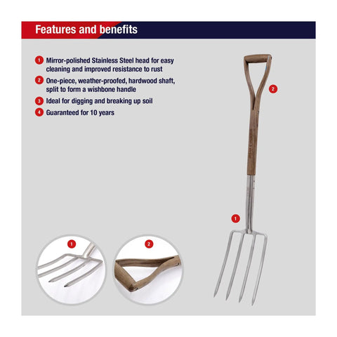 Beefy Stainless Steel Digging Fork For Heavy Duty Garden Work with hardwood handle, shown with mirror-polished prongs.