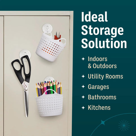 Four Pack Heavy Duty Suction Cup Hooks For Shower Glass Walls Up To Seven Pound Load holding baskets and scissors