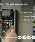 Hands installing Beefy 40 Amp Level 2 J1772 EV Charger Replacement Cable, 240V, 20 Ft, UL Listed with labeled wires.