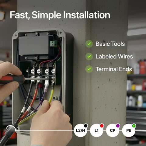 Hands installing Beefy 40 Amp Level 2 J1772 EV Charger Replacement Cable, 240V, 20 Ft, UL Listed with labeled wires.
