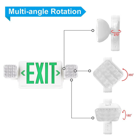 Two Pack LED Exit Sign With Emergency Lights Battery Backup UL Listed 120 277V showing multi-angle rotation