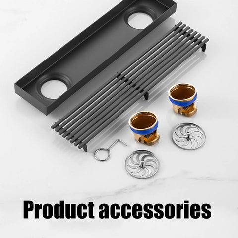 Pro Grade Stainless Steel Linear Shower Drain With Built In Hair Catcher And Weathered Bamboo Grate Cover For Rapid Floor Drainage and accessories including drain cover and fittings.
