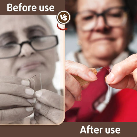 Before and after using Ergonomic Wooden Needle Threader For Hand Sewing With Hardwood Handle And Stainless Steel Hook.