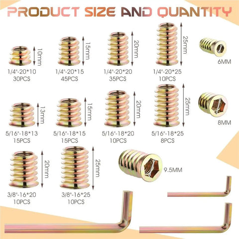 Rock Solid 188 Piece Hex Socket Nuts And Wrench Drill Bit Set For Top Shelf Wood Furniture Assembly showing sizes and quantities of hex nuts.