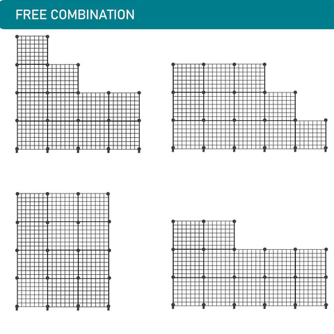 12 Cube Metal Wire Storage Organizer with stackable grid panels in black, showing various modular configurations and free combination design.