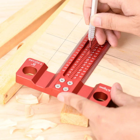Pro Grade Woodworking Scriber T-Square Ruler 12in with Thoughtful Support Lips in use for precise measurements on wood surface