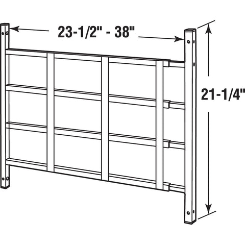 Kid Proof Window Guard With Tamper Resistant Screws, Non Egress Fixed Design, White Finish, Fits 23.5 To 38 Inch Wide Windows, 21.25 Inch High, Solid 0.048 Inch Steel, Prevents Accidental Falls shown with dimensions and bars.