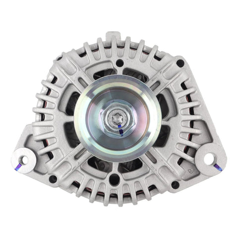 Front view of 130 Amp 12 Volt Alternator With 7 Groove Pulley For Nissan Armada Frontier Pathfinder Titan Xterra Infiniti QX56 Replace 23100ZH00A 11256N Compatible OEM Style Replacement Beefed Up High Output Heavy Duty Long Lasting Electrical System Upgrade